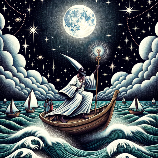 DALL·E 2023-10-12 01.13.32 - Illustration d'Agawé, le protecteur des marins dans la tradition vodou. Il est sur une petite embarcation, guidant d'autres bateaux à travers des eaux