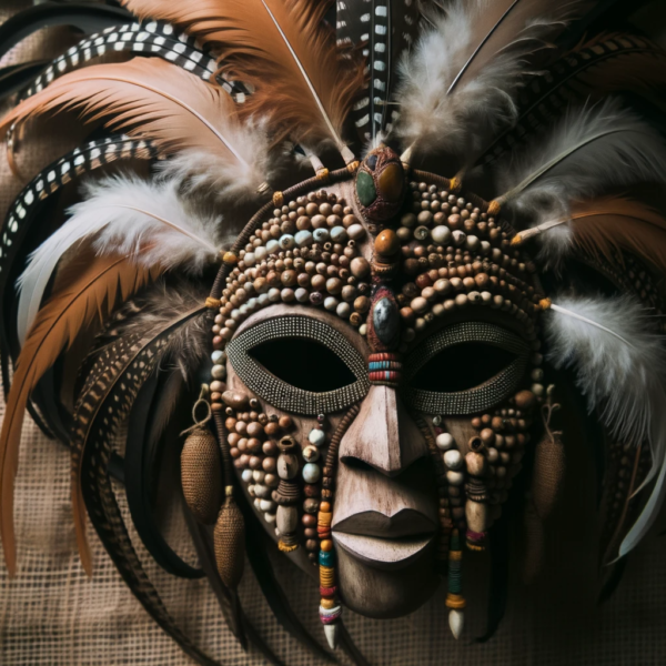 DALL·E 2023-10-12 19.00.51 - Photo d'un masque vaudou traditionnel _ En gros plan, un masque sculpté en bois, orné de plumes, de perles et de peintures tribales, est suspendu cont