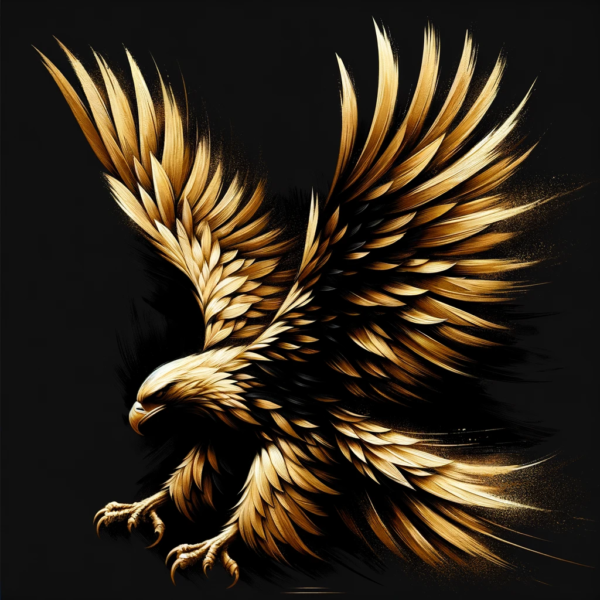 DALL·E 2023-11-05 23.17.32 - An artistic rendition of a golden eagle, depicted in a bold, high-contrast style. The eagle is portrayed with its wings majestically spread, rendered