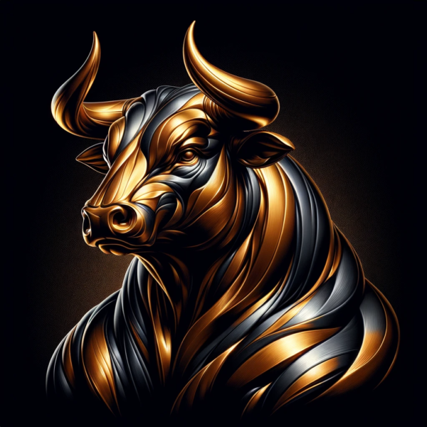 DALL·E 2023-11-05 23.18.23 - An artistic representation of a bull, designed with a similar high-contrast style as the golden eagle. The bull is depicted in powerful, metallic tone
