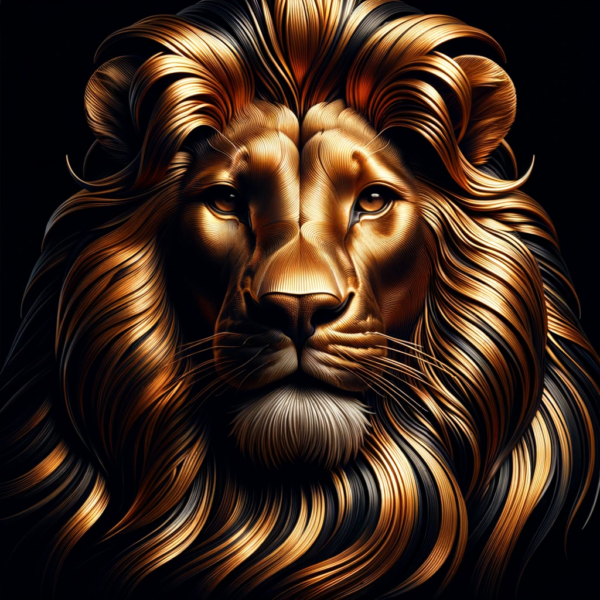 DALL·E 2023-11-05 23.27.55 - A visually stunning artistic representation of a lion, in a cohesive high-contrast metallic style with the previous animal images. The lion's mane rad