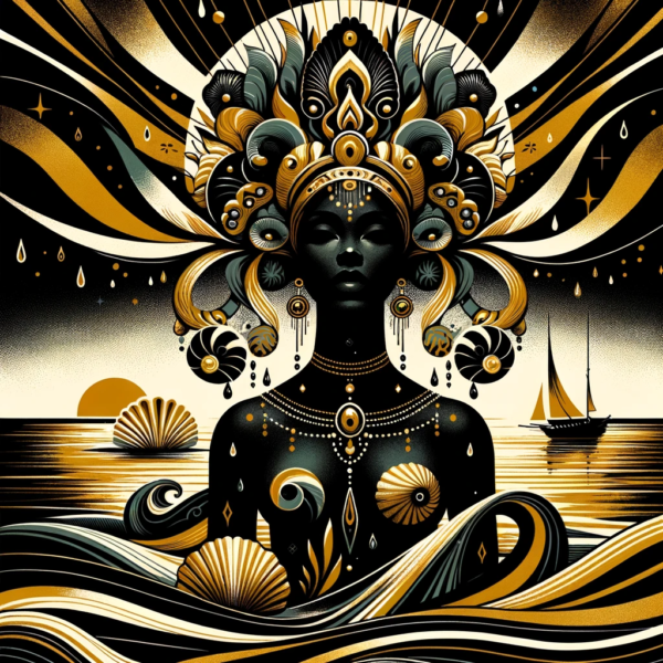 DALL·E 2023-11-10 18.04.36 - An artistic representation of Agwe, the Vodou spirit of the sea, in gold and black. This image portrays Agwe as a powerful and mystical figure, with a