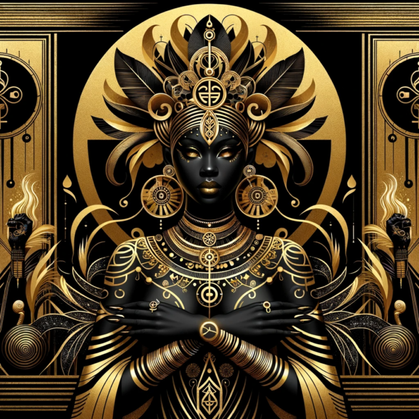 DALL·E 2023-11-10 18.07.57 - An artistic representation of Erzulie, the Vodou goddess of love and beauty, in gold and black. This image portrays Erzulie as an elegant and captivat