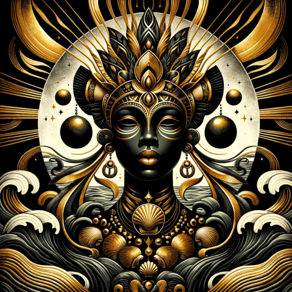 DALL·E 2023-11-10 18.09.21 - An artistic representation of Agwe, the Vodou spirit of the sea, in gold and black. This image portrays Agwe as a powerful and mystical figure, with a