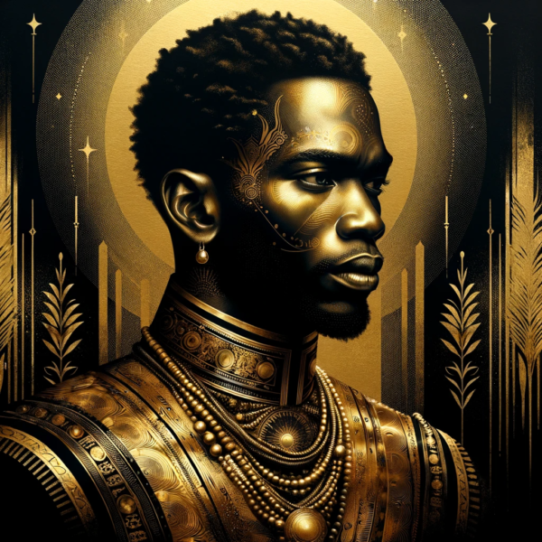 DALL·E 2023-11-10 18.13.16 - An artistic representation of a Haitian man in gold and black. The image depicts the man with a dignified and strong presence, his attire and features