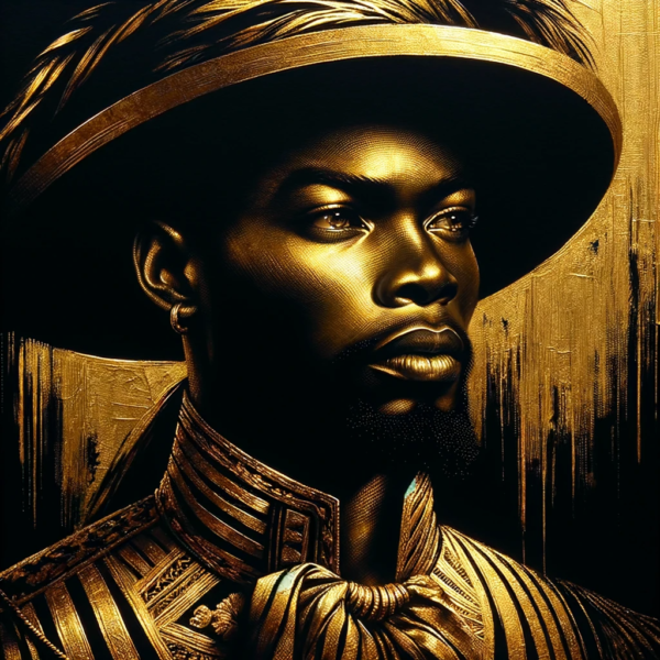 DALL·E 2023-11-10 18.14.04 - An artistic representation of a Haitian man in gold and black. The image captures the man with a dignified and powerful presence, portrayed in a palet