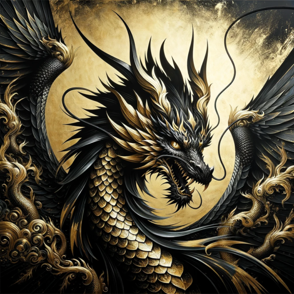 DALL·E 2023-11-10 18.28.37 - An artistic representation of a dragon in gold and black, with a focus on making the dragon's eyes more realistic. The dragon features intricate scale