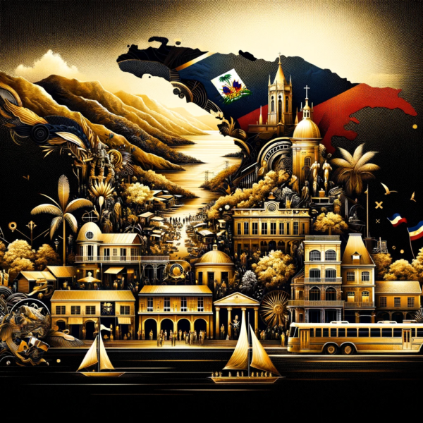 DALL·E 2023-11-10 18.32.22 - An artistic representation of Haiti in gold and black, capturing the essence of its rich culture and history. The image features iconic Haitian symbol