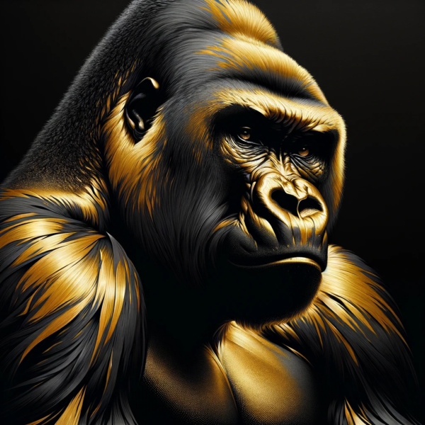 DALL·E 2023-11-10 18.34.30 - An artistic representation of a gorilla in gold and black, capturing the powerful and majestic nature of this magnificent animal. The image features a